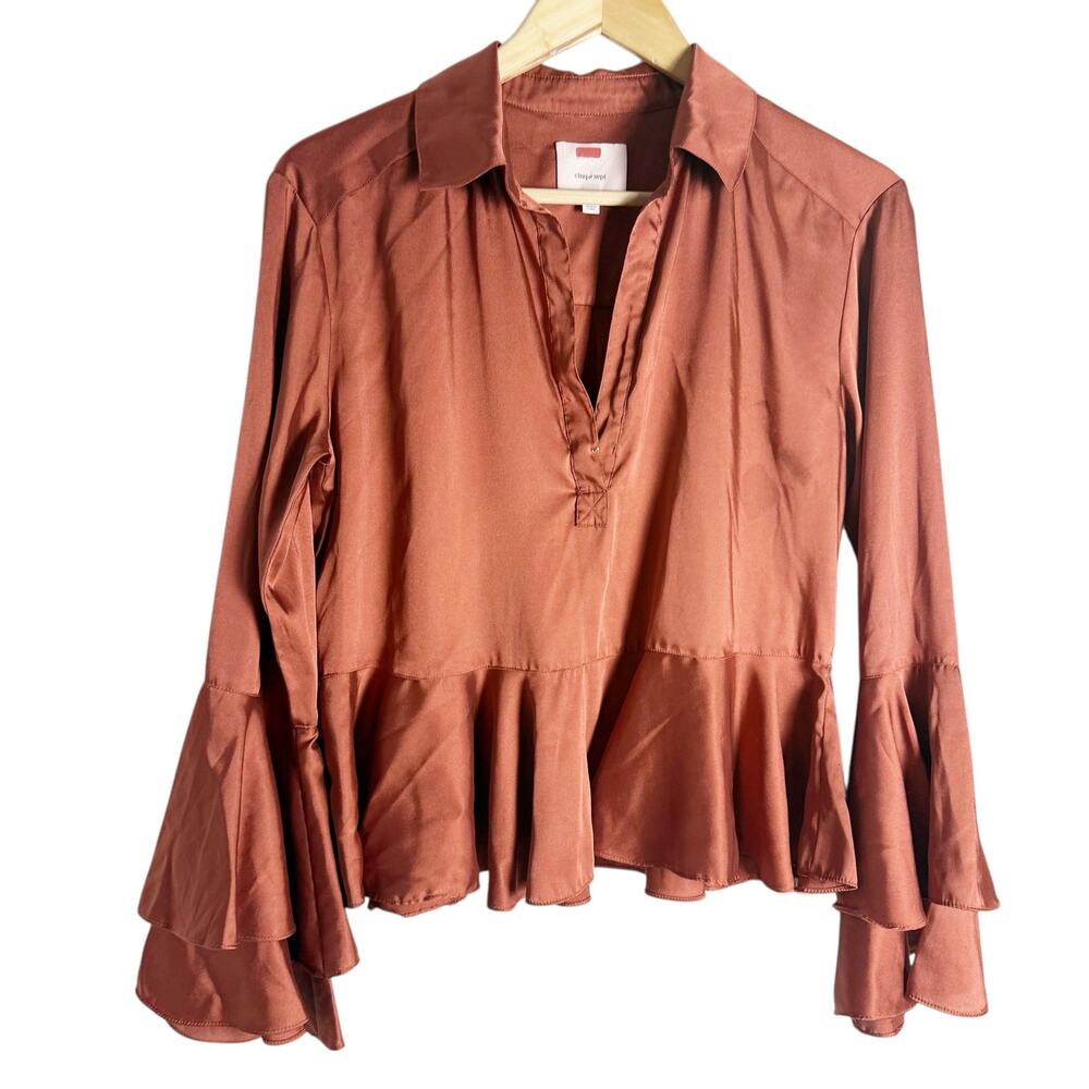 Cinq a Sept Kirin Orange Satin Ruffled Bell Sleeve Collared Blouse Top Size XS
